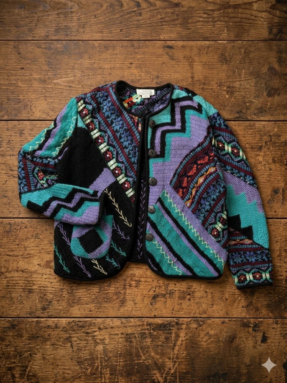 Vintage Teal & Purple Patterned Knit Cardigan sandy starkman
